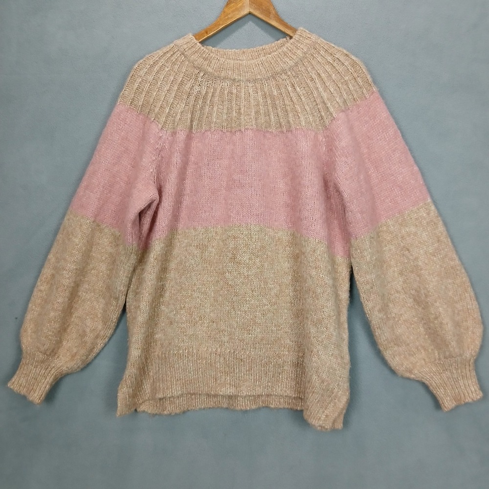 Lush Sweater Women Large Mocha Pink Colorblock Acrylic Knit Ribbed Raglan Sleeve